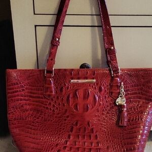 Elegant BRAHMIN Red Crocodile-Embossed Tote Bag